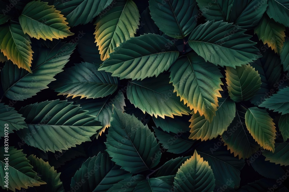 Poster A dark and lush background of green leaves with hints of yellow, creating an abstract and natural pattern perfect for nature-themed designs.