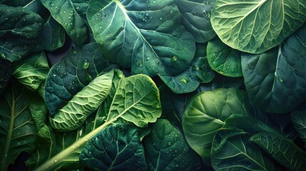 Fototapeta premium Close-up image of fresh, green leafy vegetables with dew drops, showcasing the natural texture and vibrant colors of the produce.