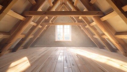 Sunlit Attic Room With Wooden Beams and Floorboards