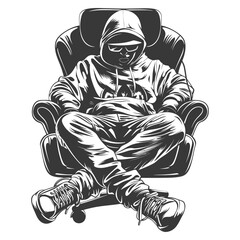 Fototapeta premium Gamer esport player sitting on chair full body with engraving style black color only