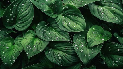 Close-up of vibrant green leaves with water droplets, showcasing natural beauty and freshness. Perfect for nature, wellness, and eco-themed projects.