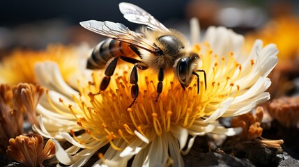 A macro image of a bee collecting pollen from a blooming flower, with intricate details of the insect's wings and the flower's delicate petals, showcasing the beauty of pollination in nature. Minimal