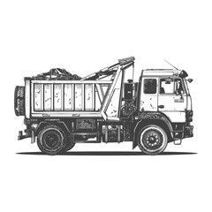 garbage truck with engraving style black color only