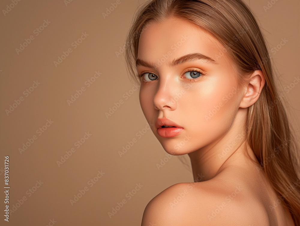 Wall mural Beautiful Woman with perfect skin Portrait. Brunette Girl, empty copy space