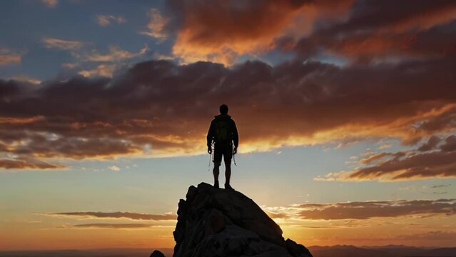 Silhouette of a Hiker Standing on a Mountaintop at Sunset