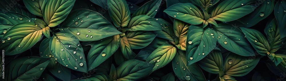 Poster close-up of lush green leaves with water droplets, creating a refreshing and serene natural backgrou