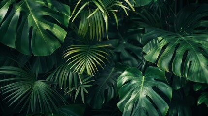 Lush Tropical Leaf Collage. A dense, lush collage of tropical leaves in various shades of green, creating a vibrant and natural tapestry