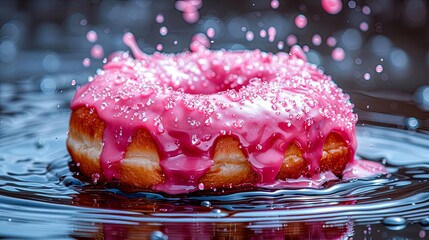 Vibrant donut with pink frosting and sprinkles splashing into water, creating a colorful and dynamic scene, perfect for food and dessert lovers.