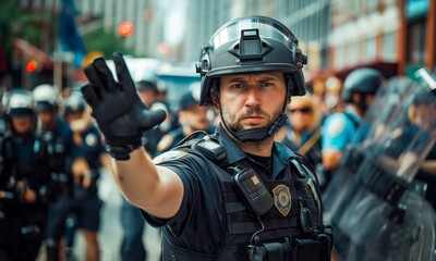 Police officer in full uniform, including a helmet with a visor, directs a stop gesture amidst a scene with officers holding riot shields.