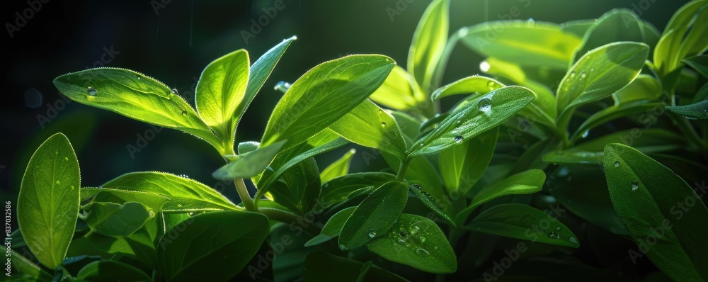 Aufkleber sunlit green leaves with dew drops create a serene nature scene, radiating freshness and tranquility