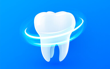 3d realistic vector healthy glowing tooth. Light vortex around white tooth. Dental care, protection and whitening.