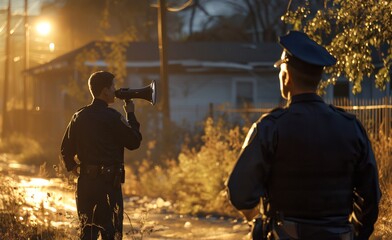 Police negotiator speaking calmly to a tense standoff, with stoic officers standing by at dusk.