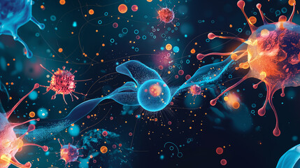 Abstract microscopic image of colorful cells and viruses in a dark background.