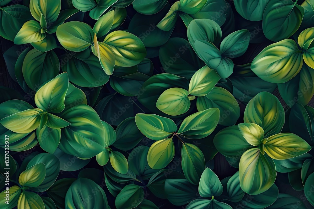 Aufkleber close-up of lush green leaves with light and dark shades, creating a vibrant and fresh botanical pat
