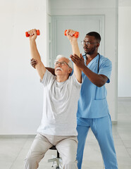 therapist senior home exercise exercising patient physical therapy care nurse recovery dumbbell...