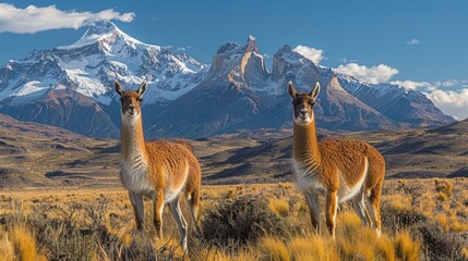 Wildlife in Patagonia, such as guanacos grazing in a vast grassland with snow-capped mountains in the distance, showcasing the region's biodiversity.