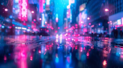 Neon Rain: Cyberpunk Cityscape in Pink and Blue. A  a futuristic cityscape under a neon rain, bathed in vivid pink and blue lights. 
