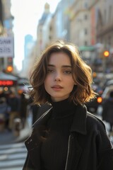 Fototapeta premium Portrait of a young woman with curly brown hair, wearing a black turtleneck sweater and coat, standing on a busy city street with blurred background at duskPortrait
