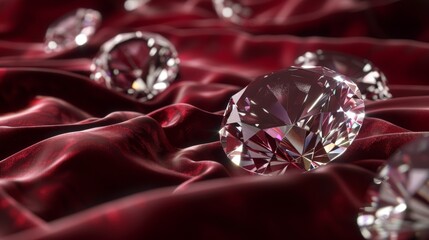 3D Illustrate of A glamorous 3D-rendered scene with a cluster of diamonds on a deep burgundy velvet fabric, reflecting light in a dazzling display.