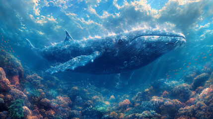 Naklejka premium A majestic whale swims through a vibrant coral reef, sunbeams illuminating the water.