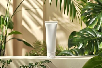 a white cosmetic tube placed on a ledge against a background of lush green foliage, including various tropical plants.