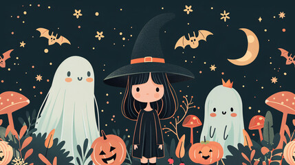 Fun and spooky vibes SVG design with a witch, ghost, and Halloween decorations