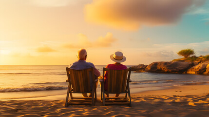 Obraz premium Retire couple person sit a deckchair at sea with sunset