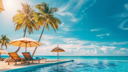 Obraz premium Luxury beach resort hotel swimming pool, leisure beach chairs under umbrellas palm trees