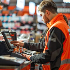 Supermarket worker and cashier with beautiful smiles. Cashier working at a grocery store. High quality AI generated image