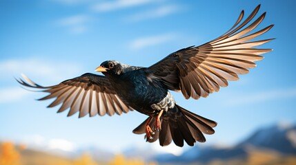 Obraz premium A detailed shot of a flock of migrating birds in flight, with intricate wing patterns and synchronized movements capturing the dynamic beauty of avian migration. Minimal and Simple,