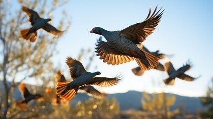 Obraz premium A detailed shot of a flock of migrating birds in flight, with intricate wing patterns and synchronized movements capturing the dynamic beauty of avian migration. Minimal and Simple,