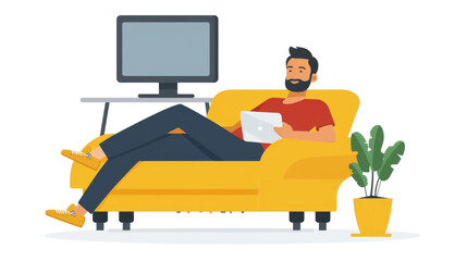 A man is relaxing on a yellow couch while holding a tablet. He is wearing blue pants, red shirt and a beard. A potted plant is to the right of the couch, and a tv is in the background on a white stand