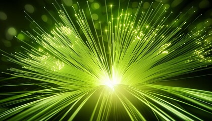Obraz premium Green fiber optic lights exploding outward from a central point, creating a mesmerizing visual effect. The radiant beams and sparkling dots suggest innovation, advanced technology.