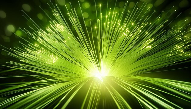 Green fiber optic lights exploding outward from a central point, creating a mesmerizing visual effect. The radiant beams and sparkling dots suggest innovation, advanced technology.