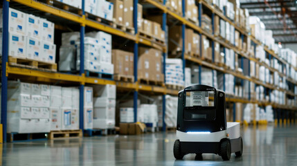 An autonomous forklift or AGV is shown in a warehouse, moving through the aisles of storage shelves