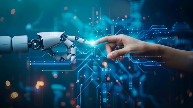 A human hand and a robotic hand touch fingertips, symbolizing the growing collaboration between humans and artificial intelligence