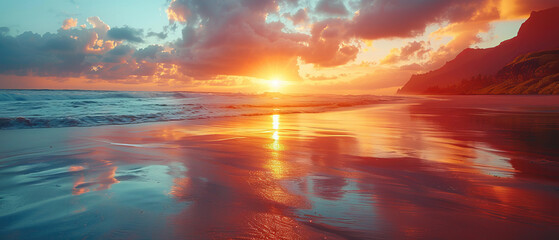 A breathtaking sunset over a serene beach, with vibrant colors reflecting off the water. The scene is tranquil, with waves gently lapping the shore and dramatic clouds in the sky.