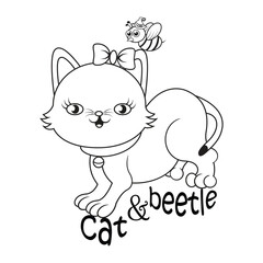 outline of cute cat and  cute beetle