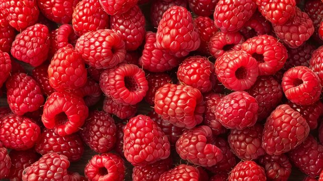 Top quality high frame image of fresh sweet red raspberries in top view overhead shot