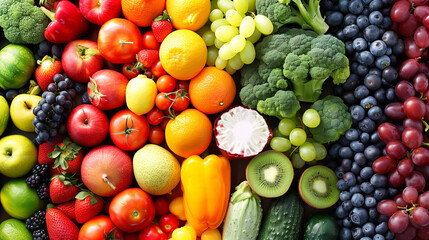 Assortment of fresh organic fruits and vegetables in rainbow colors.