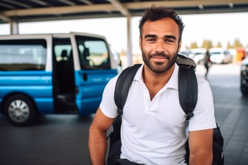 Portrait of a Hispanic airport shuttle diver waiting for costumers at the airport arrivals area
