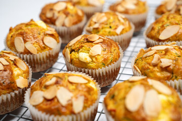 Beautiful and fresh homemade zucchini muffins. Food photography on white background.