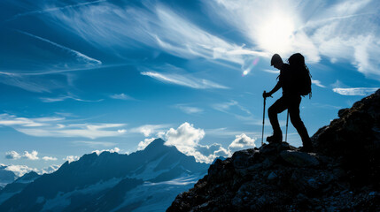 A man is hiking up a mountain with a backpack