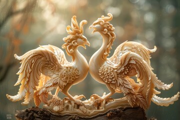 A pair of intertwined phoenixes, their elegant forms representing eternal love and devotion.