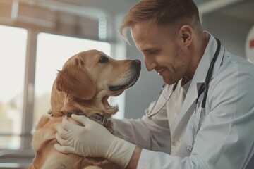 Veterinarian in white coat examines and treats dog in clinic, copy space available