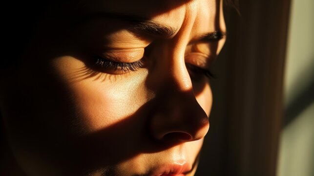 Use shadow and light to convey the dramatic expression of someone experiencing deep sadness. --no text --ar 16:9 --quality 0.5 Job ID: 9332d505-c457-4a3e-80ab-1a8ccbbd4284