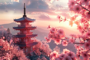 Obraz premium A traditional Chinese pagoda standing tall amidst cherry blossom trees, a symbol of beauty and serenity.