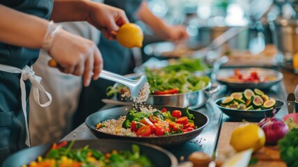 A series of buckwheat-based dishes being prepared in a vegan cooking class, highlighting its versatility