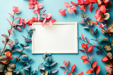 White festive frame with leaves on a blue background, place for text