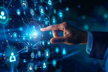 Businessman touching global network data transfer icon on virtual screen with blue background